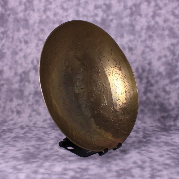 Vintage Chinese Brass Decorative Plate Crane Dragon Etched 11" - Picture 4 of 11